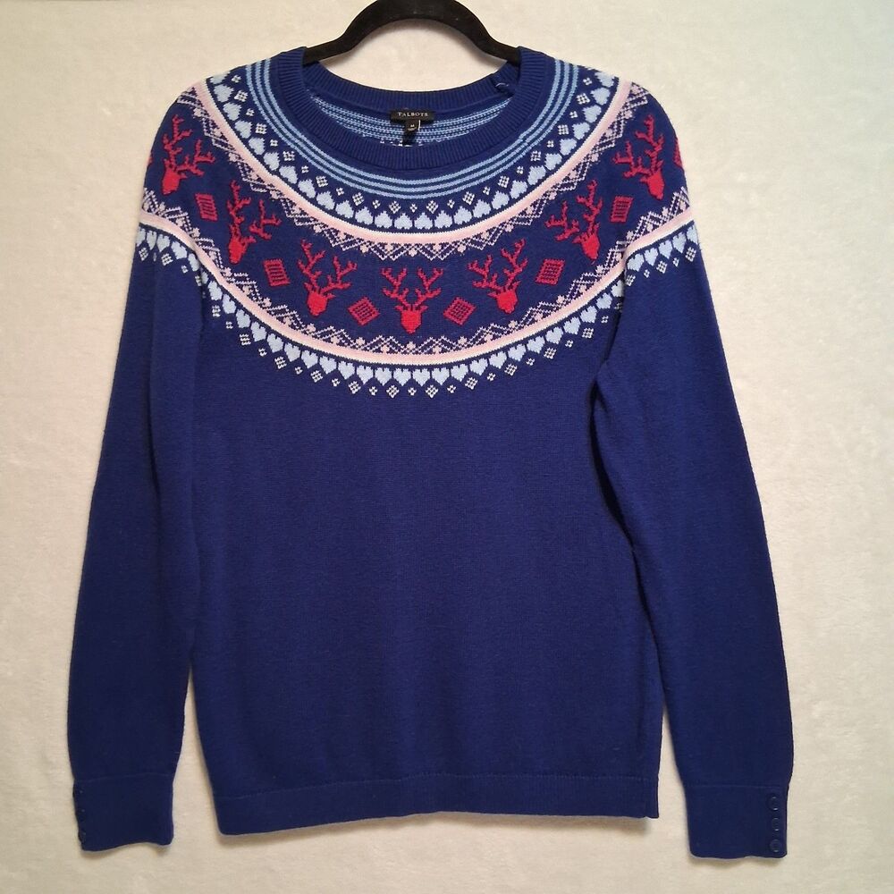 Talbots M Sweater Blue Fair Isle Reindeer Cotton Cashmere Holiday Cabincore